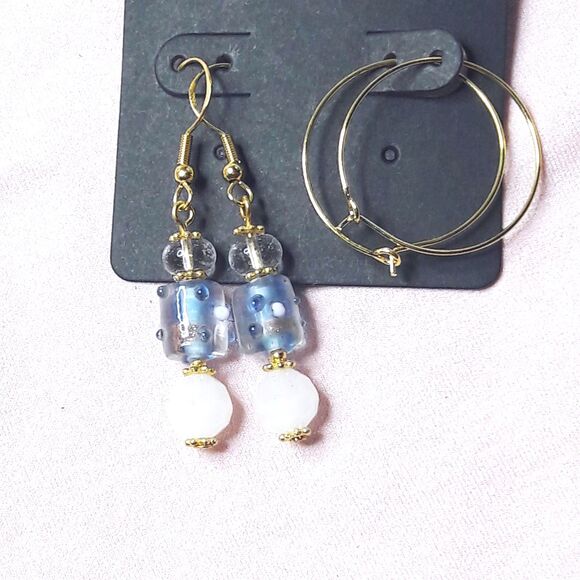 boho earrings 527#mfs Blue swirl glass earrings glass milky white dangle earring - Picture 4 of 5